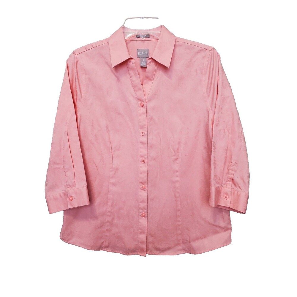 Chico's Wrinkle Resistant Cotton Leaf Jaquard 3/4 Sleeve Button-Up Shirt Sz 1(M)